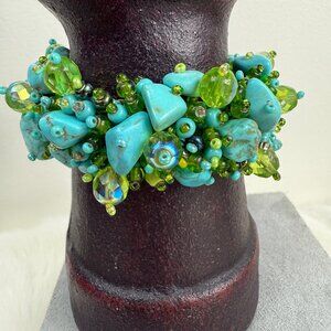 Turquoise & Green Stone & Glass Bead Bracelet Magnetic 7.5"